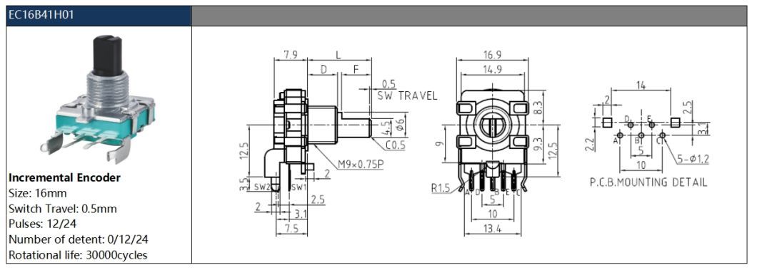 Insulated Shaft 16mm 5-Pin Rotary Encoder with Push Button