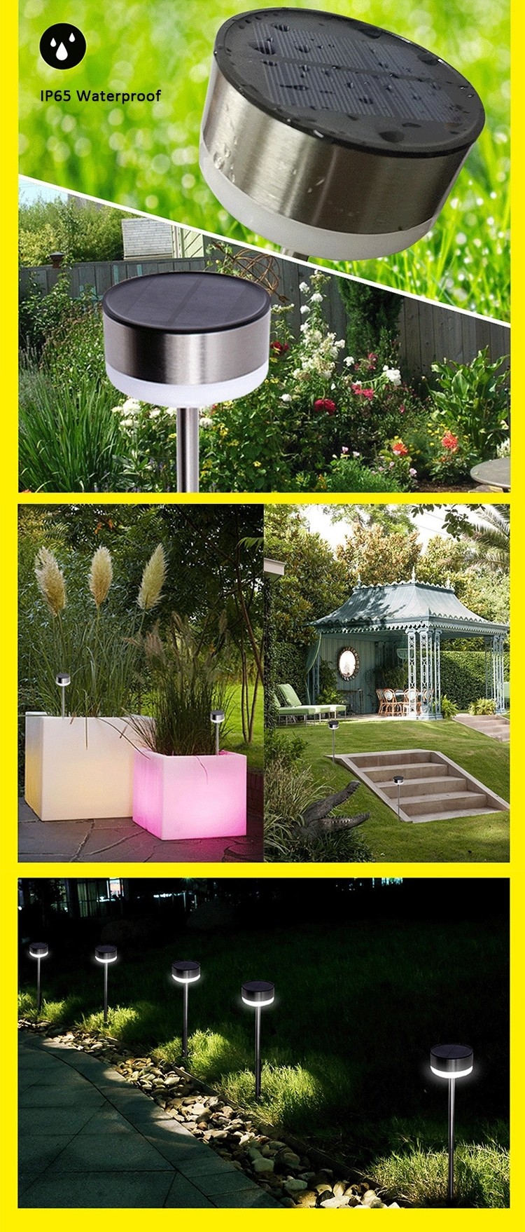 Solar Powered Outdoor Lawn Lights IP65 Weatherproof Stainless Steel Base 80Lm