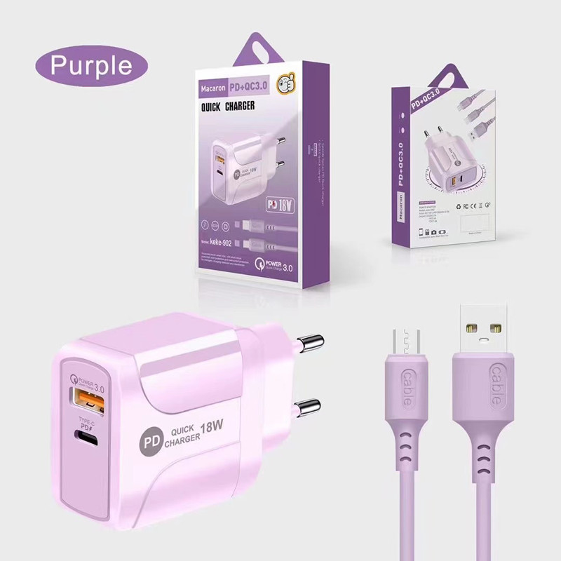 2 In 1 Macaron Travel Phone Charger QC3.0 With USB Data Cable
