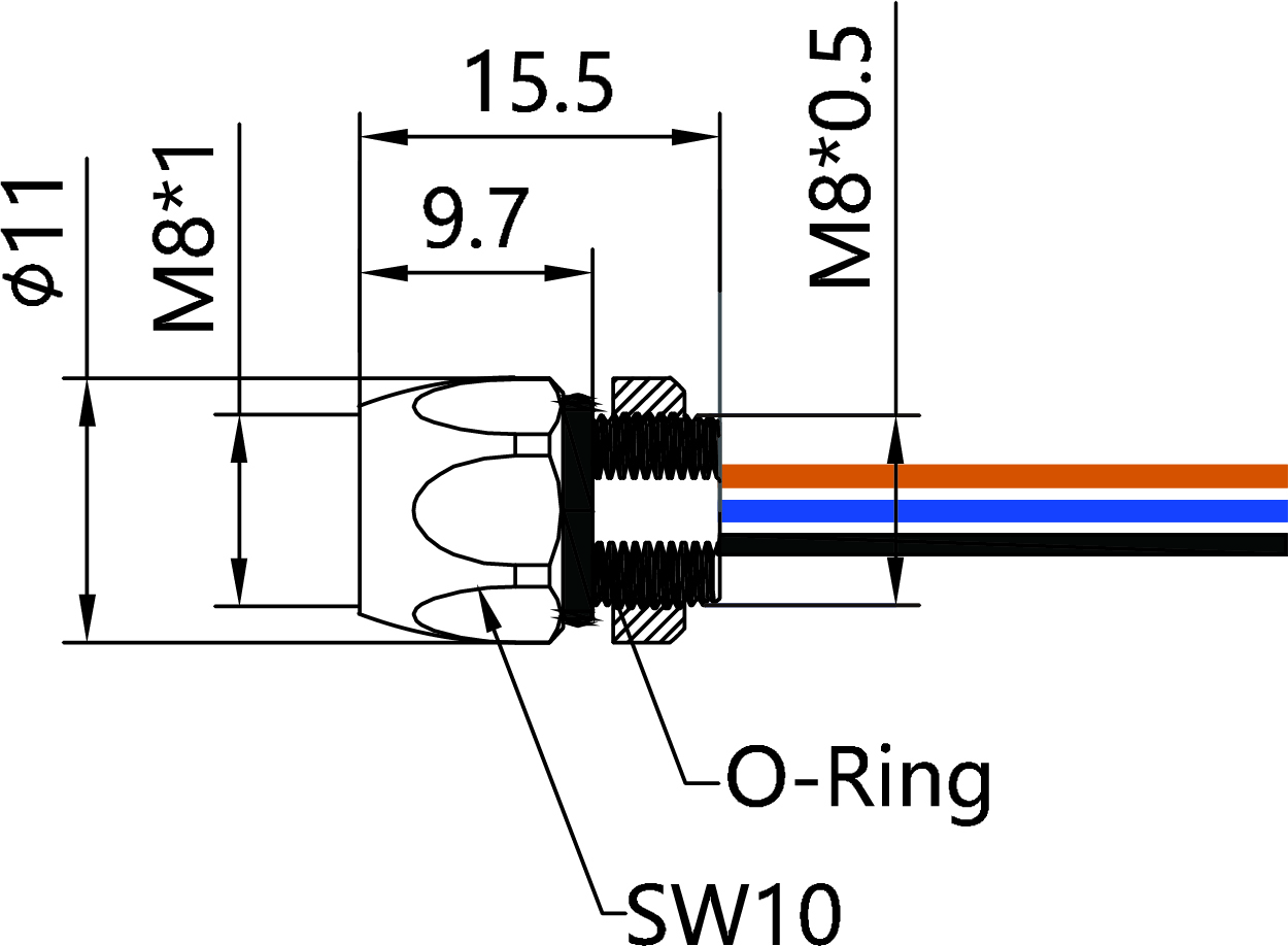 IP67 M8 Connector Front Install Female 3P Shield 0.2m Cable Length
