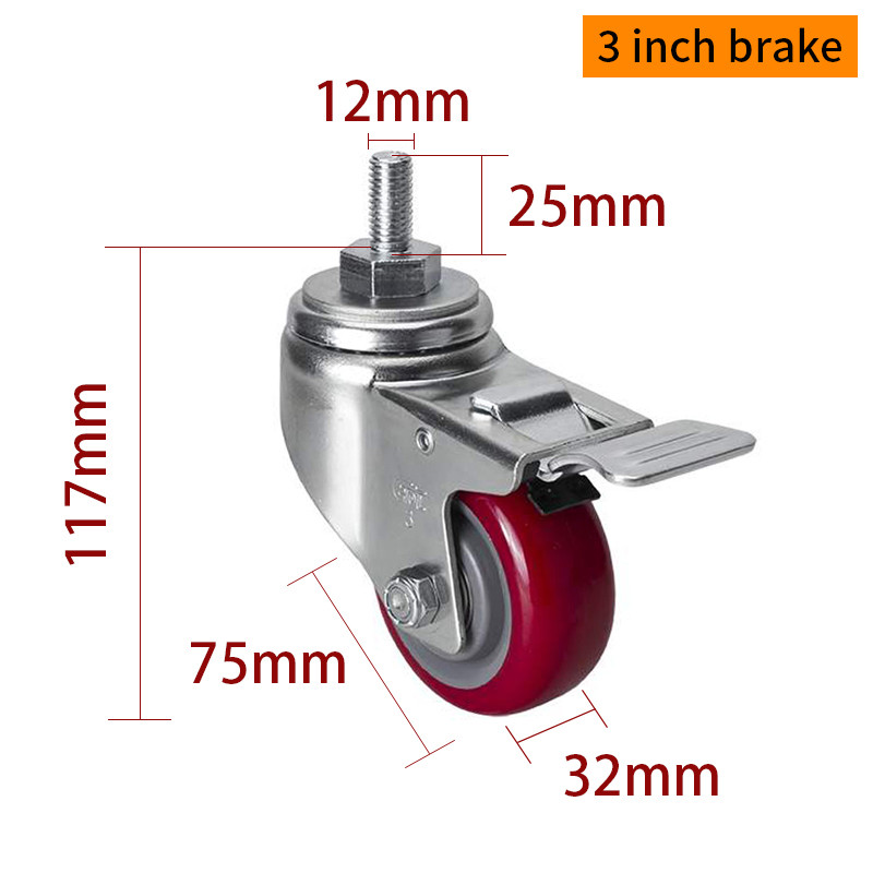 EDL Medium Duty 3inch 150kg Red TPU Threaded Caster by Swivel and Brake type 503S-86