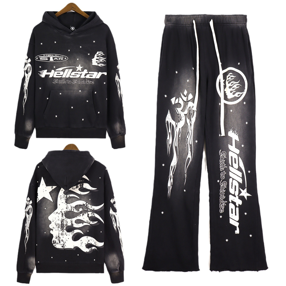 Custom Printing Tracksuit for Men 100% Cotton French Terry Hoodie and Flare Sweatpants Set