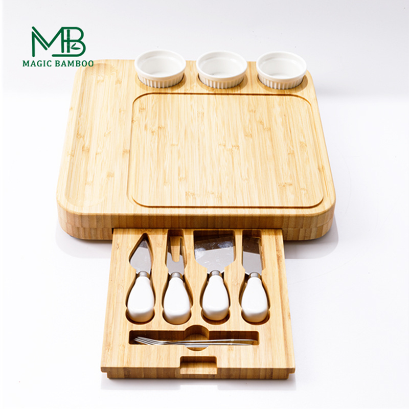 Bamboo Cheese Board and Knife Set Eco-friendly Charcuterie Board with 3 Ceramic Bowls
