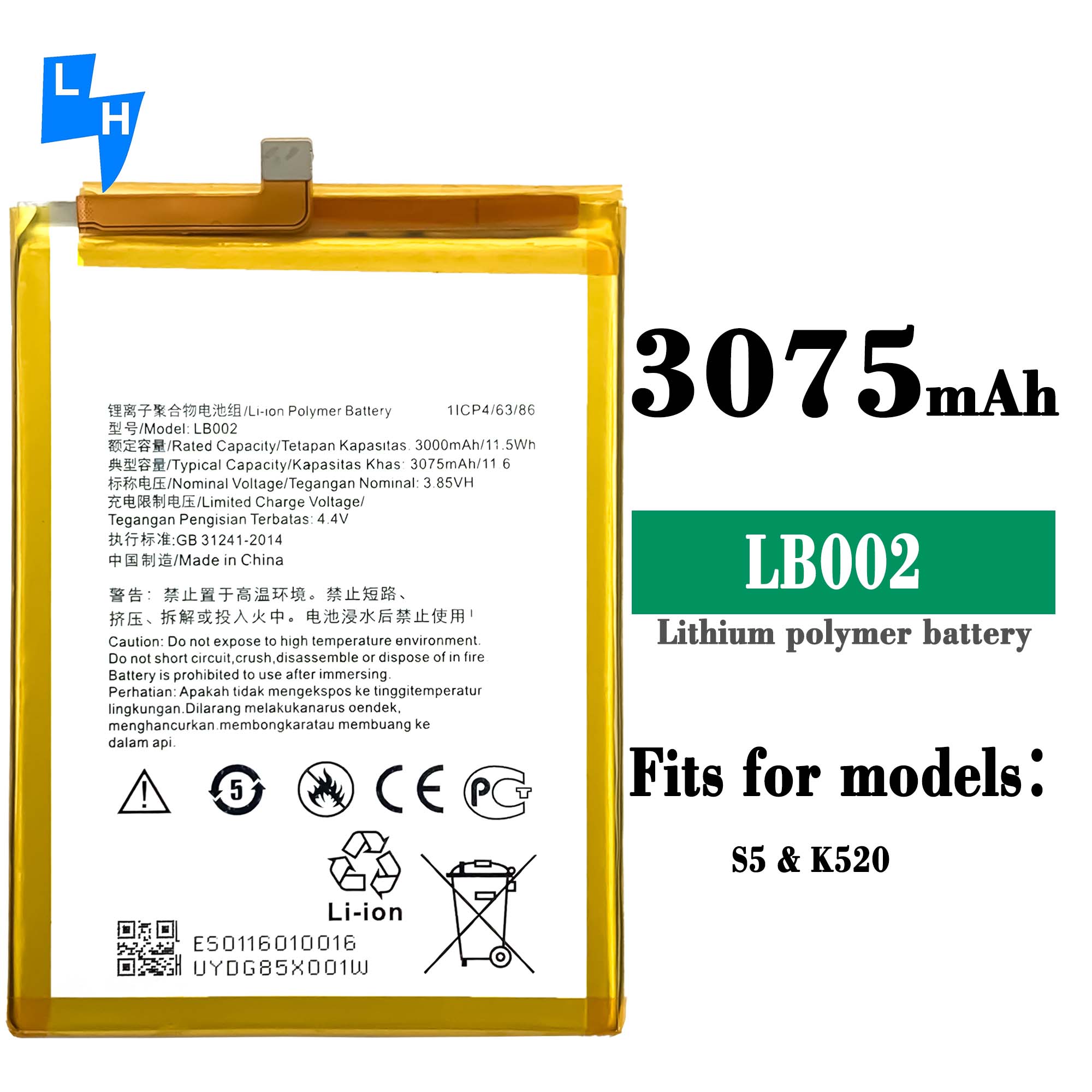 High Capacity 3000mAh LB002 S5 K520 battery for Lenovo K520T Mobile phone-models White