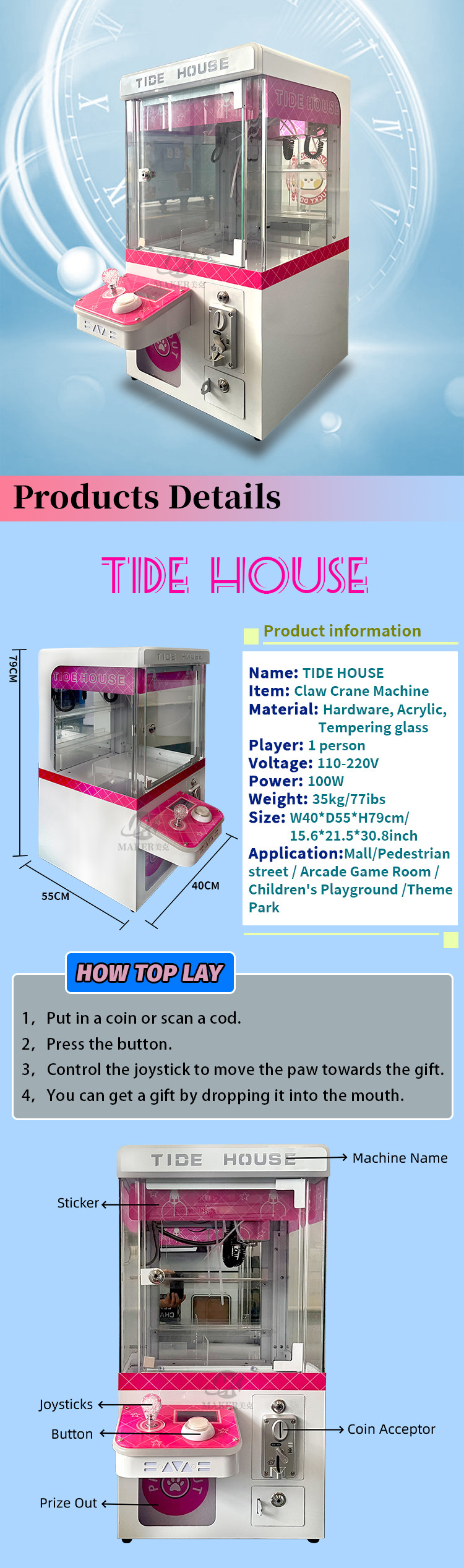 Tide House Custom Arcade Claw Machine Coin Operated Prize Doll Catching Machine
