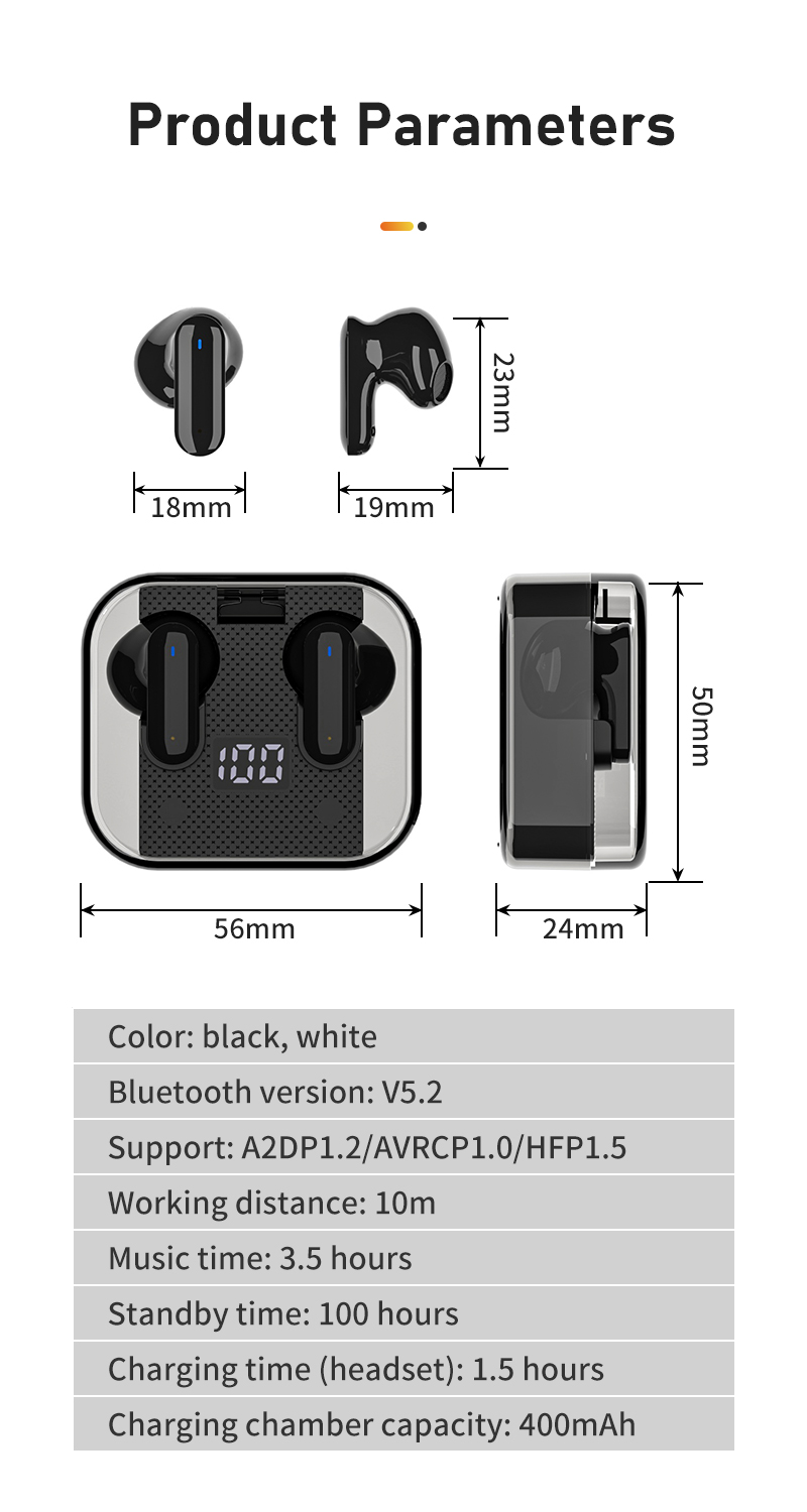 Wireless Music Gaming Headset with Digital Display and Transparent Case Low Latency 2024