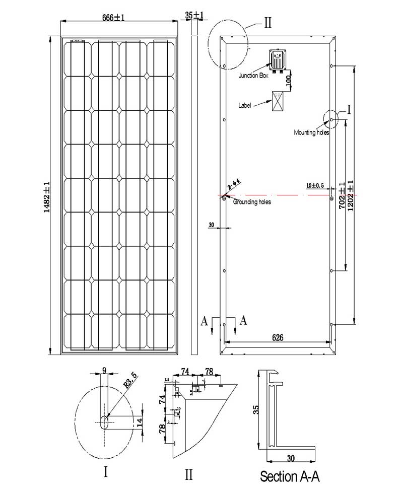145W-150W-155W-160W-18V small solar panel assembly size chart