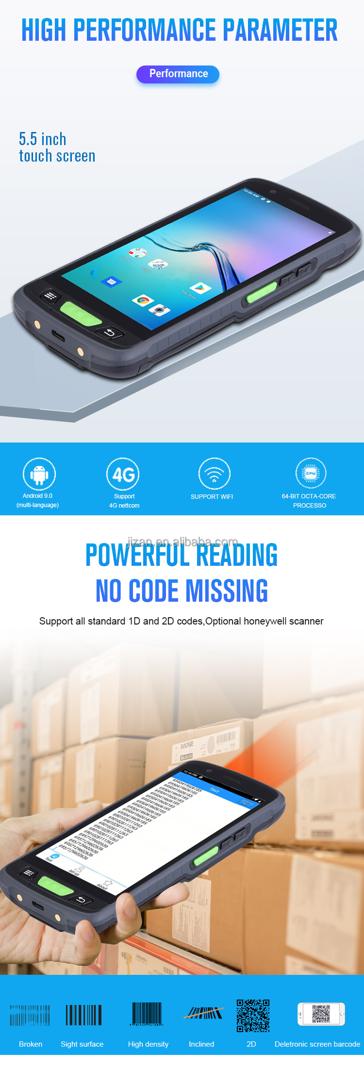 PDA With Android 9.0 OS 1D 2D QR Code Scanner 125K NFC Reader Barcode Scanner Reader Handheld PDA Terminal for Logistic