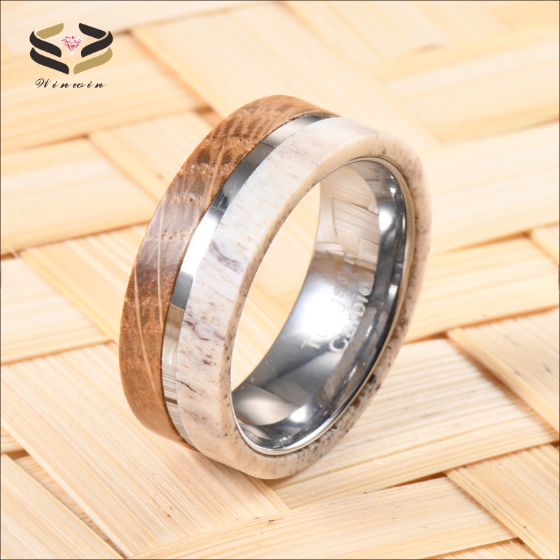 Anniversary Gift 8mm Natural Deer Antler Whiskey Barrel Wood Inlay Tungsten Carbide Ring for Men's Vintage Wedding Band