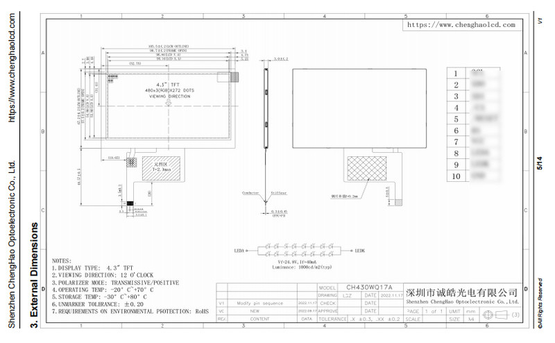 Sunlight Readable TFT LCD Display 4.3 Inch 480x272 10 Pin SPI Interface