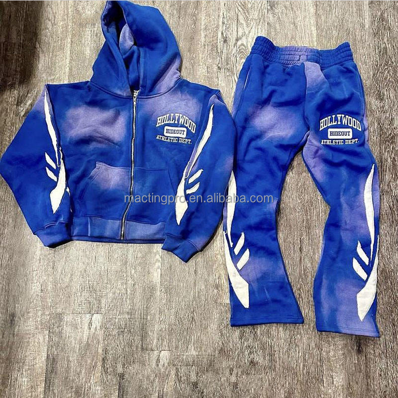 Distressed Patch Embroidery Flared Sweatpants and Hoodie Set 400 grams Fabric Weight