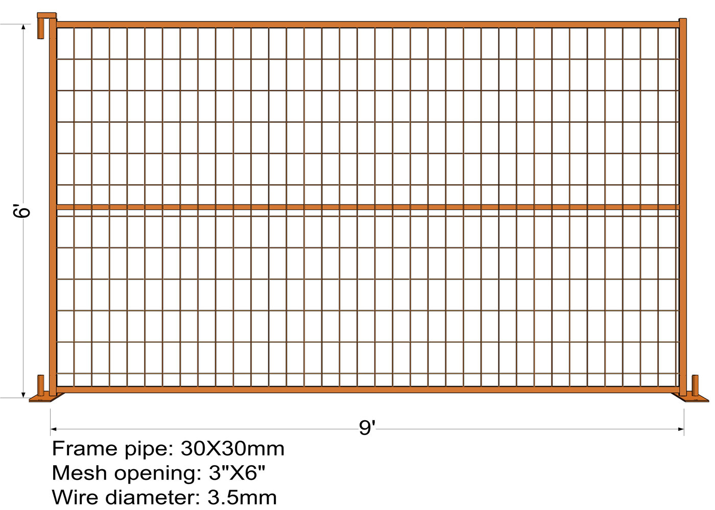 6FT X 9.5FT Powder COATED canada standard temporary fence panels mesh spacing 2"x8"x8ga diameter tubing 30mm RHS x 1.6mm