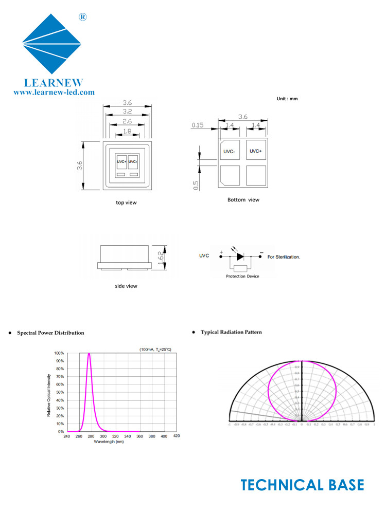 Germicidal SMD 3535 UVC LED Chips With 10 To 18mW Output Power