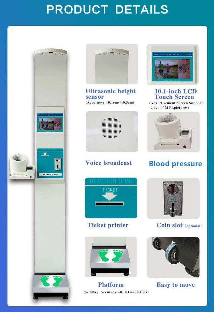 10 Inches Touch LCD Screen Automatic Height And Weight Machine Self Service Blood Pressure Test Kiosk