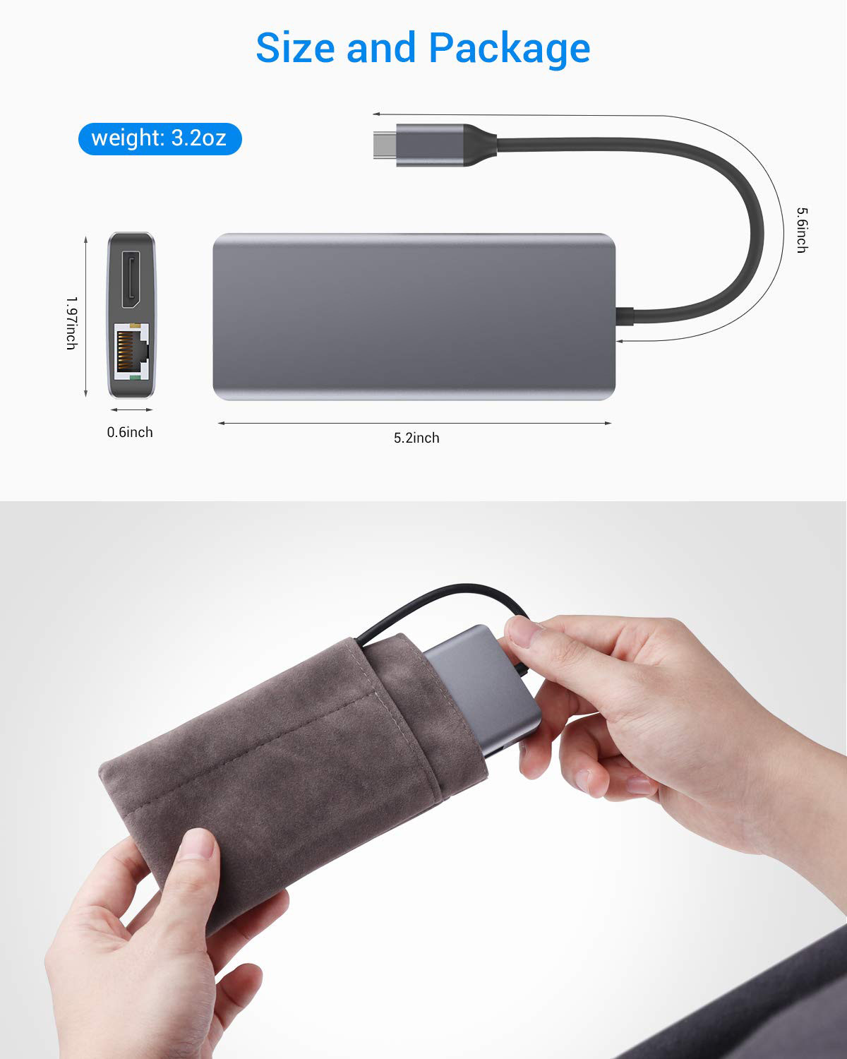 Silver Portable USB C hub multiport adapter with HDMI 3.5mm Audio Jack for MacBook Pro