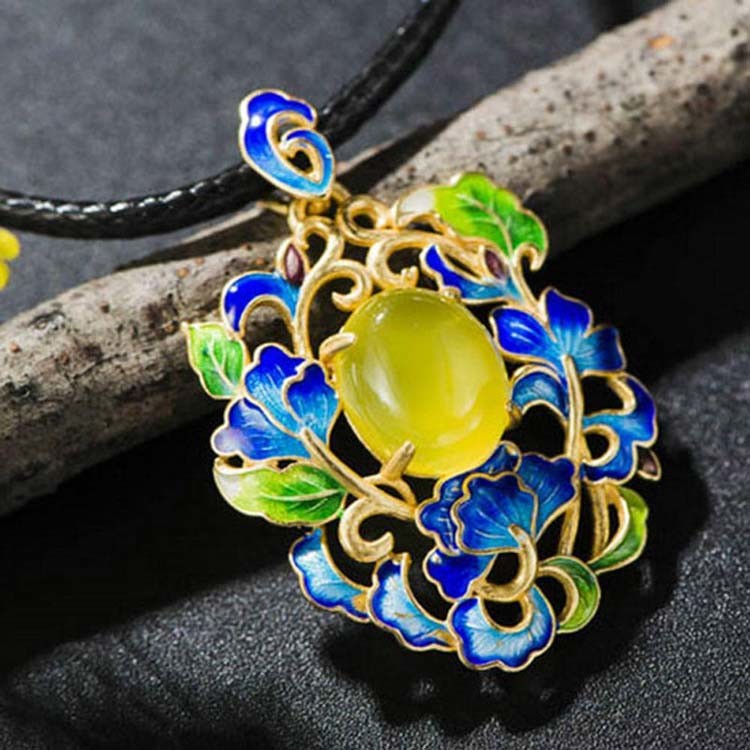 Gold Plated Fashion Colorful Enamel Floral Yellow Agate Pendant Necklace(P6050601)