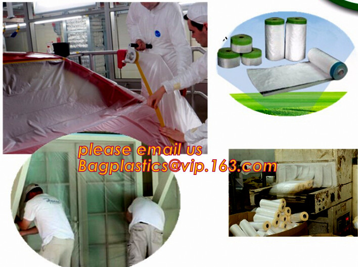 Disposable PE pre-taped self static cling masking film, Cover mask plastic drop film PE protection film with tape, BAGEA