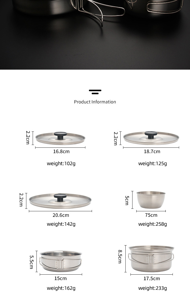 High Quality 304 Stainless Steel Outdoor Cooking Pot Set Camping Cookware Set With Storage Bag