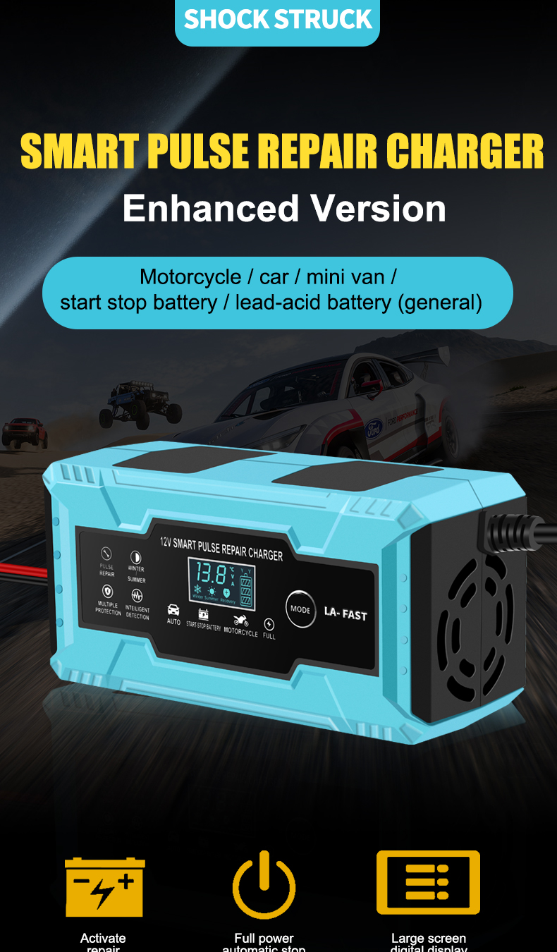 FCP 12V 4AH-100AH Battery Pulse Repair Maintainer Trickle Charger for Gel AGL Battery Motorcycle/Scooter FCP Function