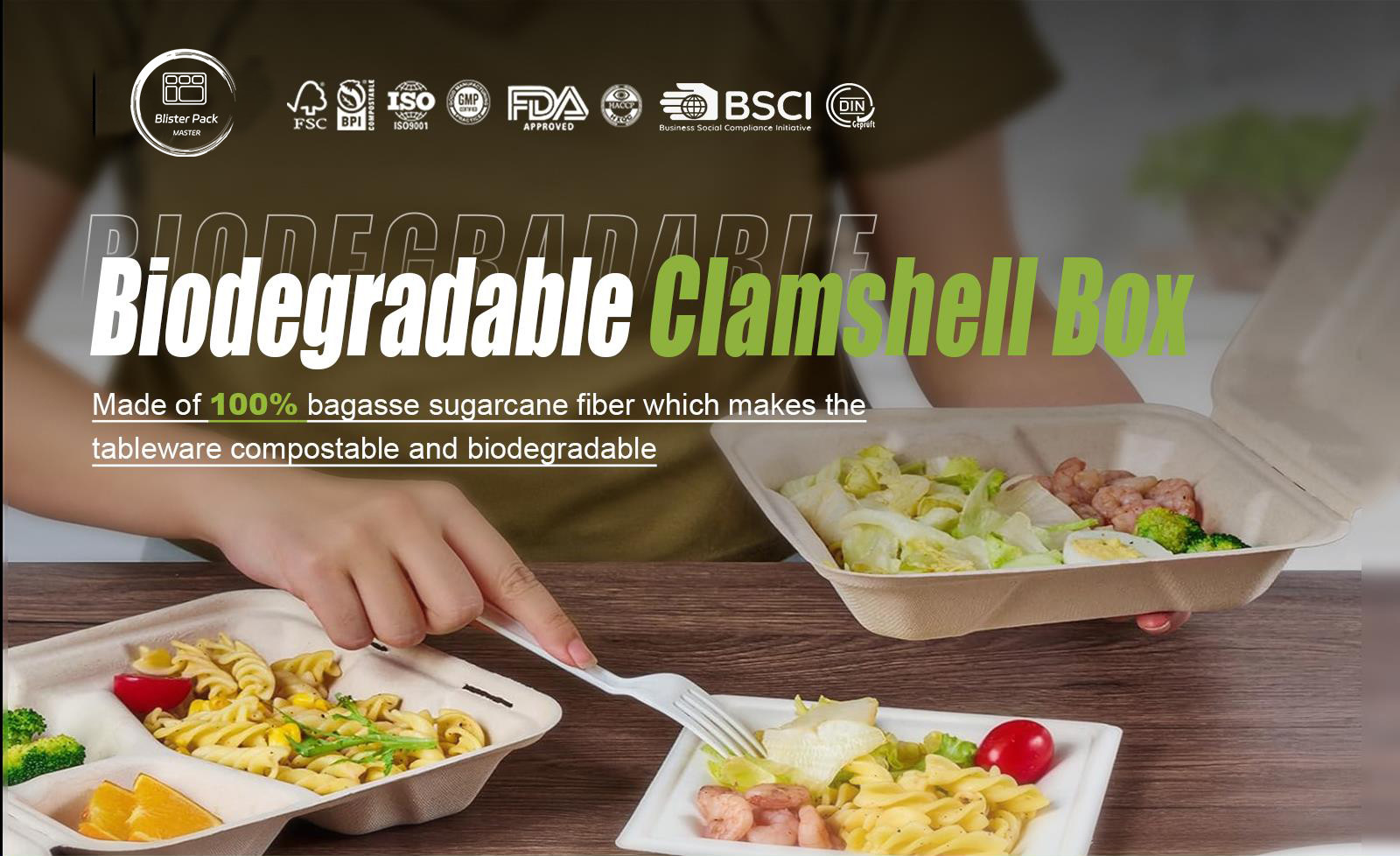 Eco Friendly Biodegradable Sugarcane Bagasse Clamshell Takeaway Food Containers for Restaurants