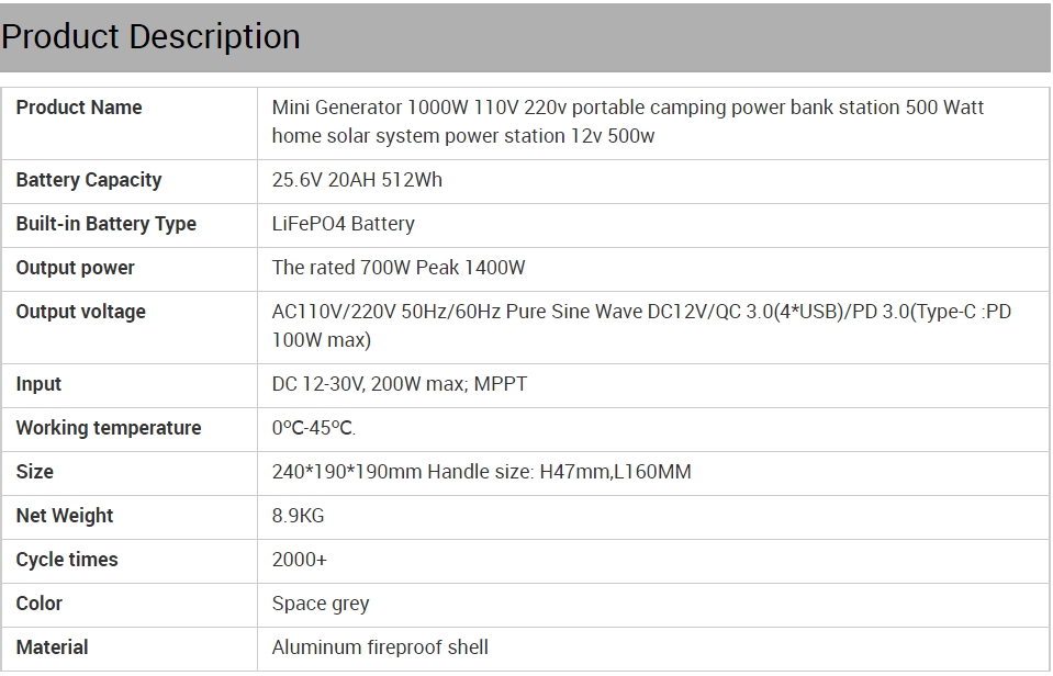 500W AC DC USB Type-C Port Solar Generator for Camping Fully Charged in 6-7 Hours