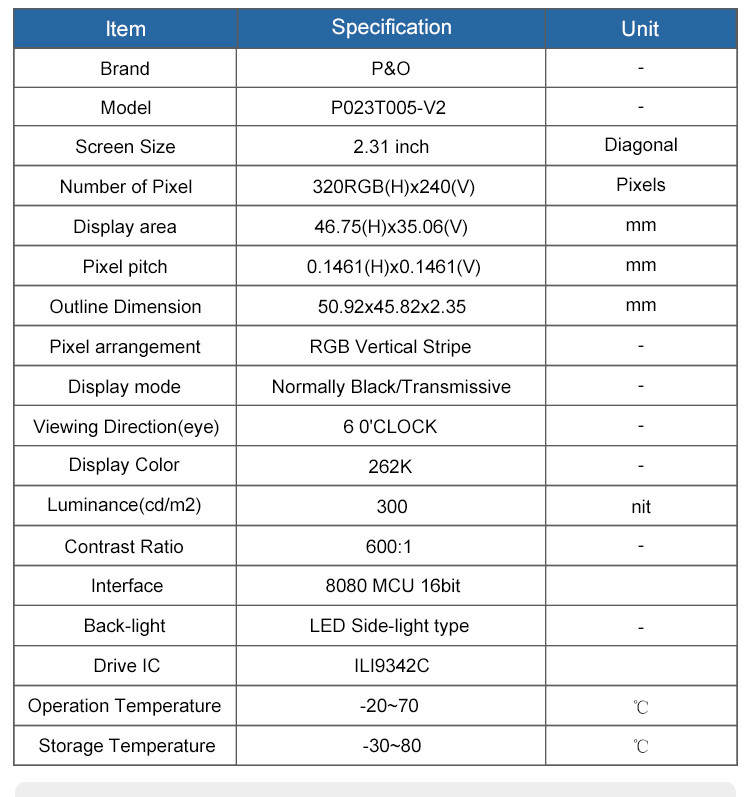 Polcd ILI9342C Small TFT Display 2.31 Inch 320x240 Tft For Medical