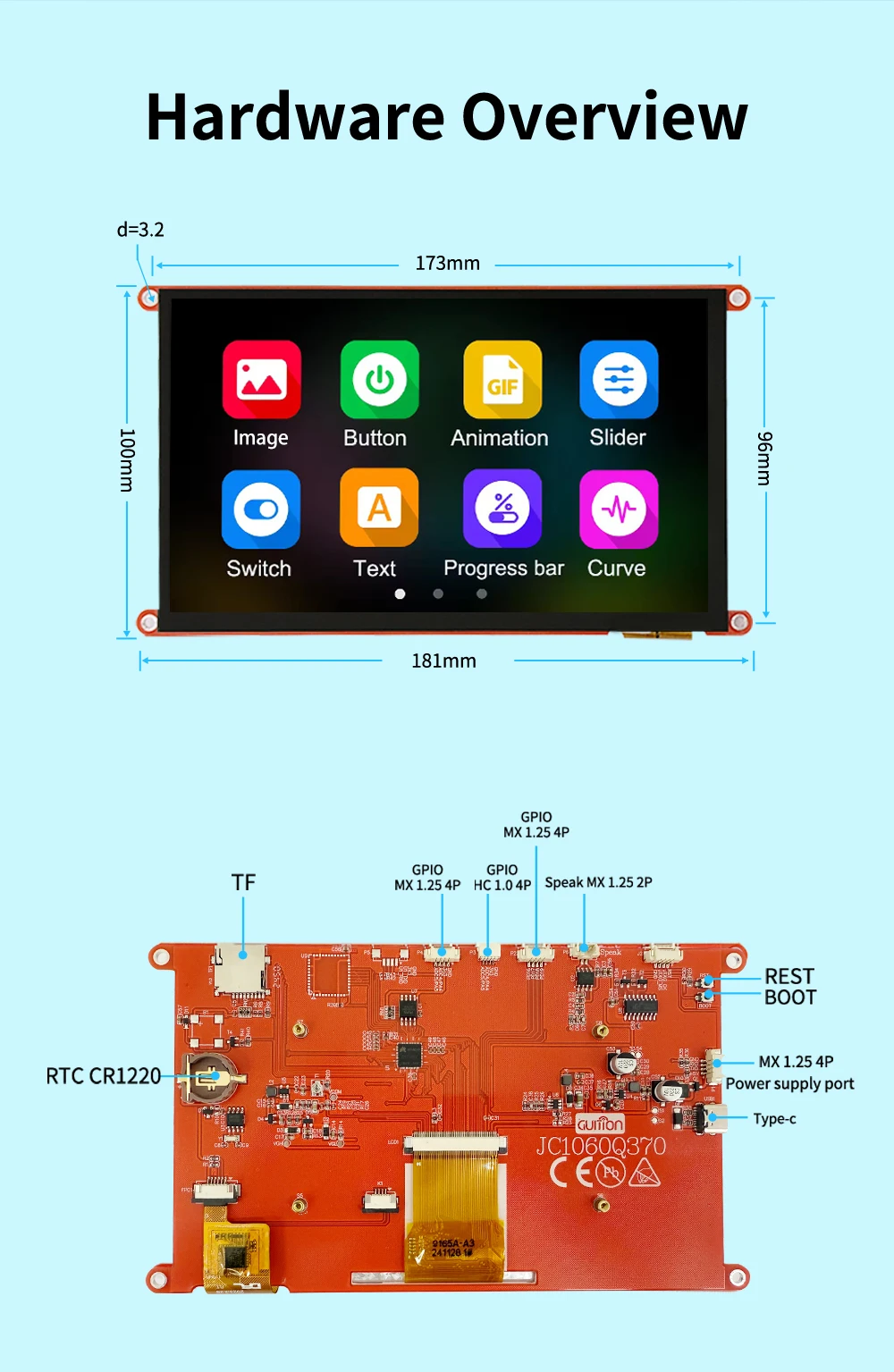 JC1060Q370C Display 1024*600 Industrial HMI Display Module -30C-80C For Extreme Temperatures