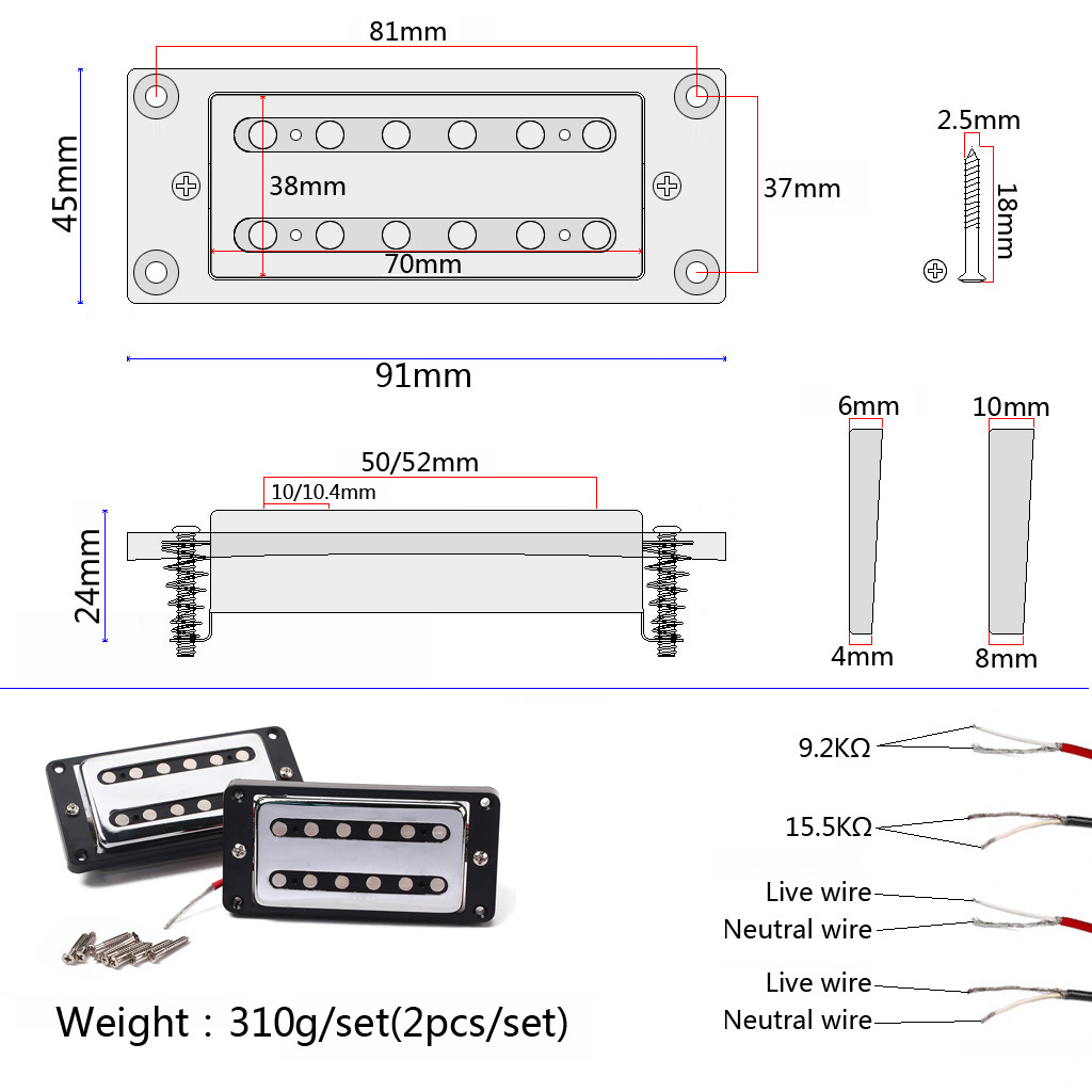 Double Coil Humbucker Pickup Electric Guitar Ceramic N9.2k/B15.5k Output For Lp Guitar Chrome