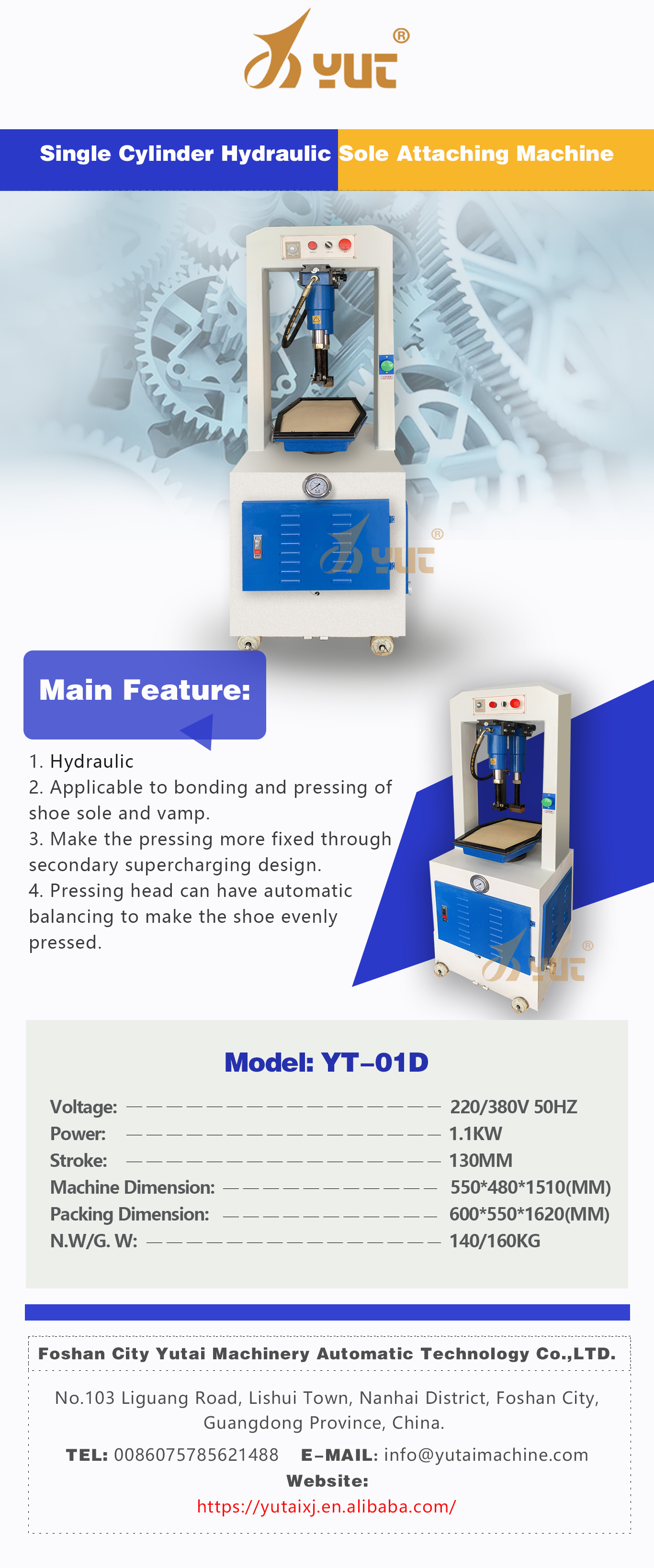 YUTAI Single Head Hydraulic Flat/Casual/Sandals Shoes Sole Pressing Bonding Attaching Machine Footwear Making Machine