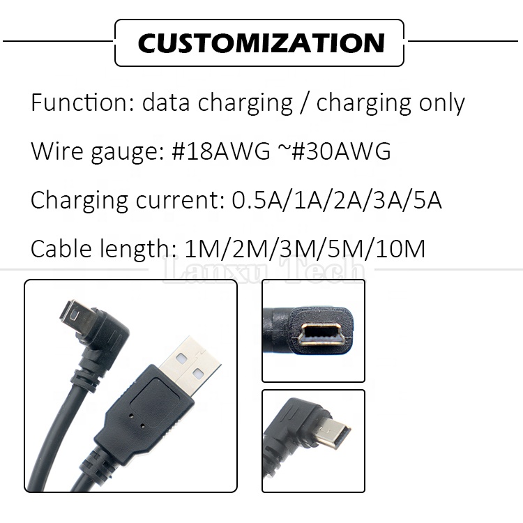 1m 2m 3m 5m 90 Degree L Shape Right Left Angle USB 2.0 A Male to Mini B 5 Pin USB Data Charging Cable for MP3 Camera