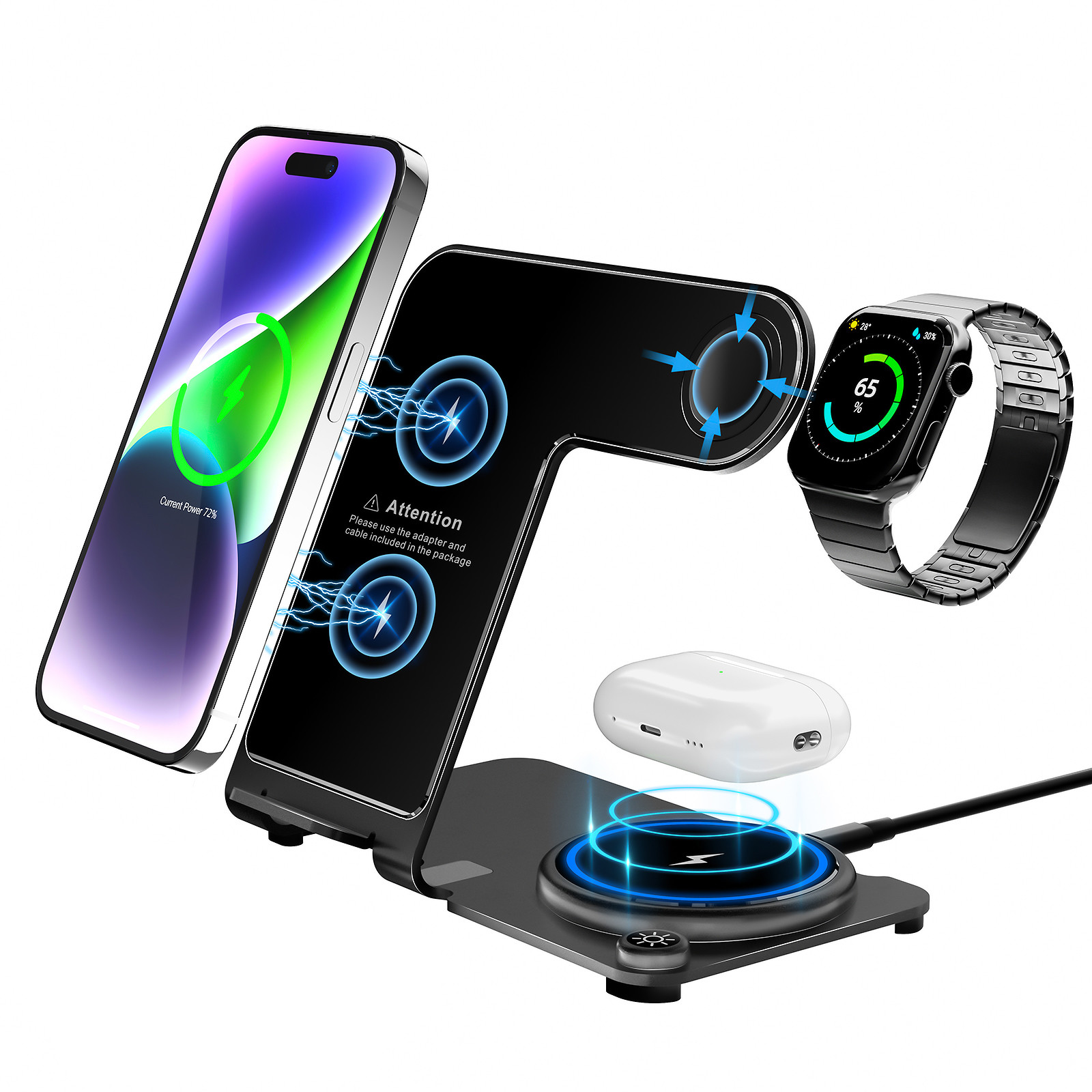 Metal Wireless 3 In 1 Charging Stand PD/QC Stylish High Charging Effeciency