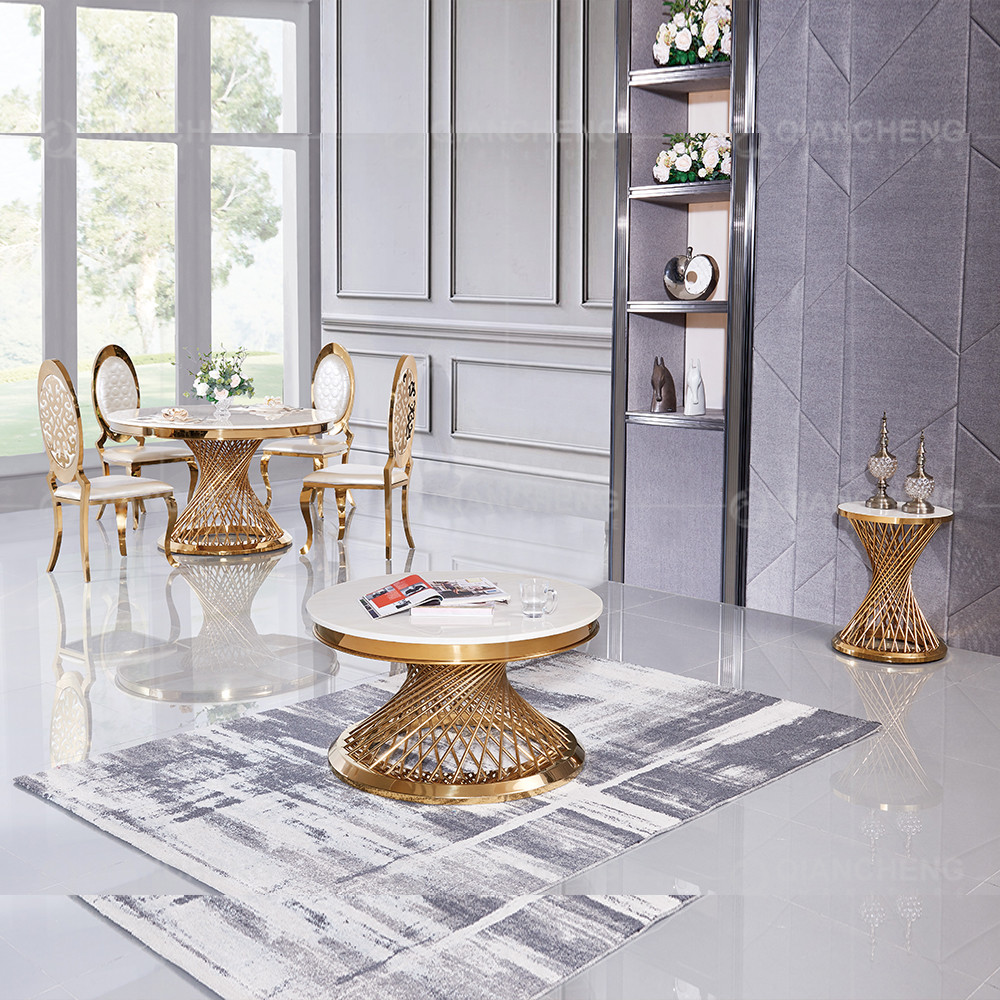 Qiancheng Marble Top Coffee Table Dia 90x50cm High Gloss Round Coffee Table