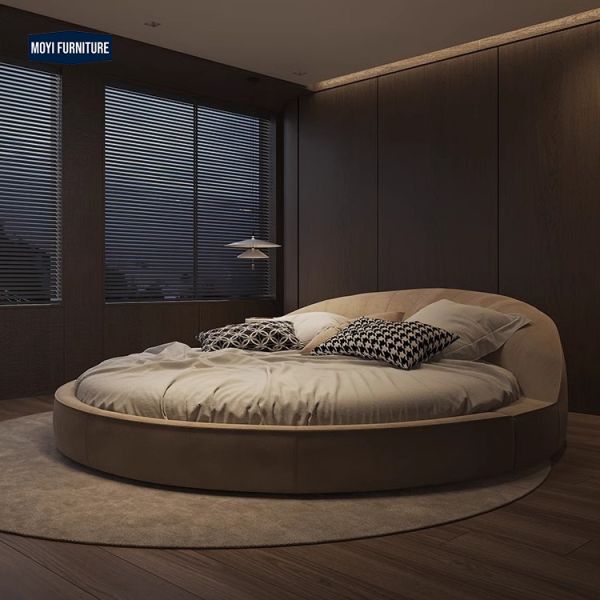 OEM Accepted Modern Minimalist King Size Round Fabric Bed Frosted Luxury Villa
