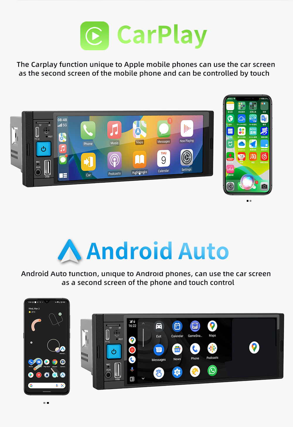Video Player 6.86" Car Screen Player with Android Auto GPS Navigation and Radio Tuner