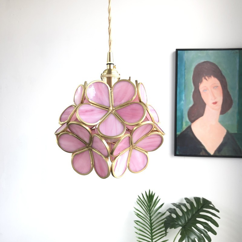 Indoor Decoration Glass Pendant Light Pink Blue Clear Flower Shape