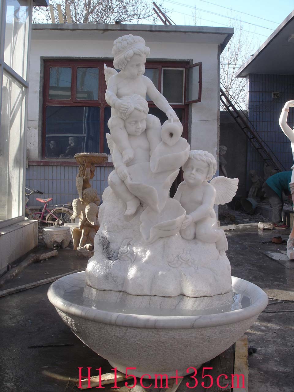 Garden Odm Stone Water Fountain Outdoor With Crane And Columns