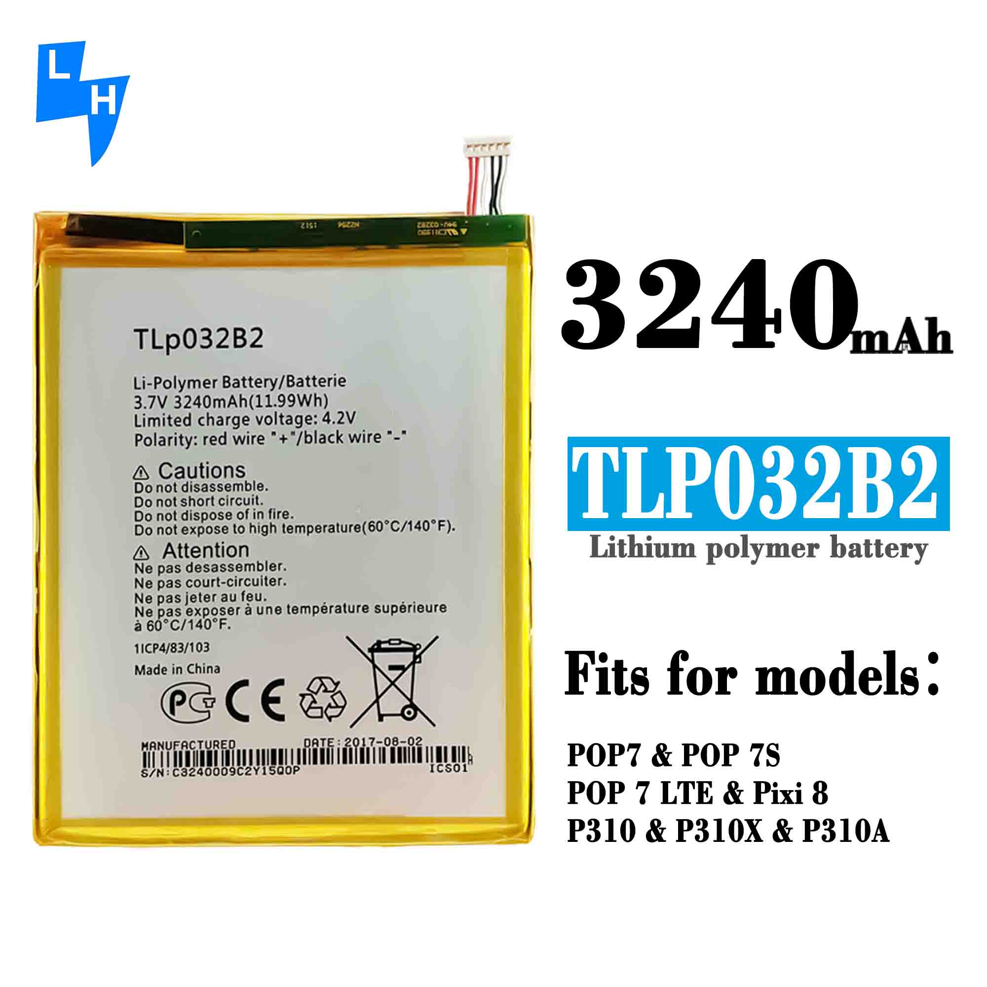 3240mAh TLP032B2 TLP032BD POP7S P310A OT9006W PIXI 8 battery for alcatel OneTouch POP-7