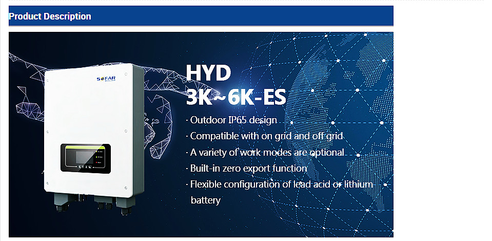 SOFAR Solar Inverter 3KW 3.6KW 4KW 4.6KW 5KW 6KW HYD 3K-6K-ES
