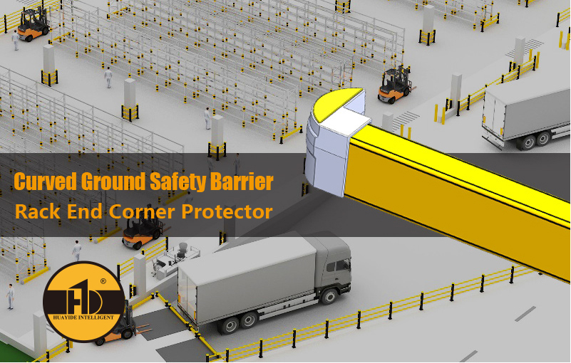 Ground Safety Barrier, Rack EndCurved Ground Safety Barrier,Rack End Corner Protector,Warehouse Storage Rack Flexible Anti-Collision System