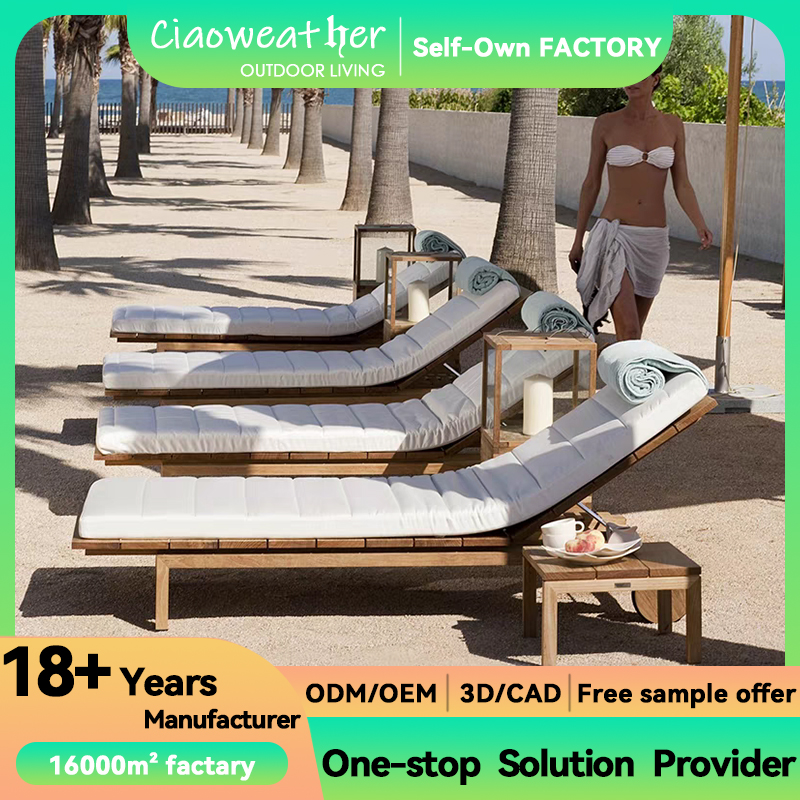 Modern Design Outdoor Furniture Garden Swimming Hotel Bed with Luxury Wood Folding Chaise Lounge Chair and Waterproof Cushion