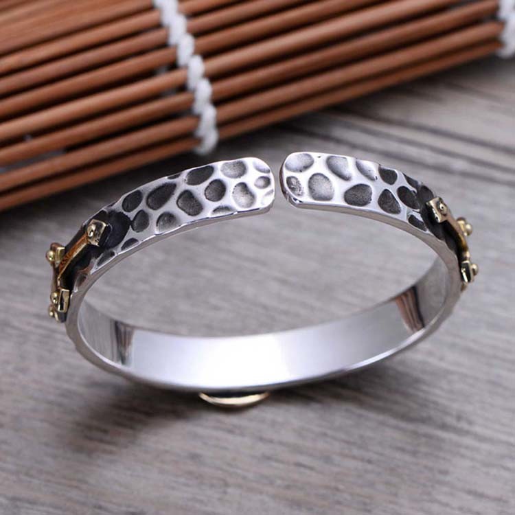 925 Silver Golden Two Tone Women Open Cuff Bracelet Cross Madonna Style (057402)