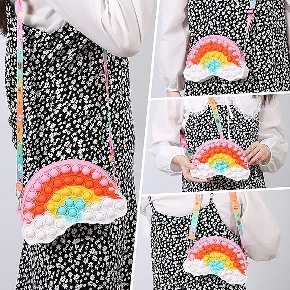 Rainbow Pop Shoulder Purse Fidget Toys Bag Sensory Silicone Rainbow Clouds Backpack For Girls Pencil Pen Case Kids Gifts