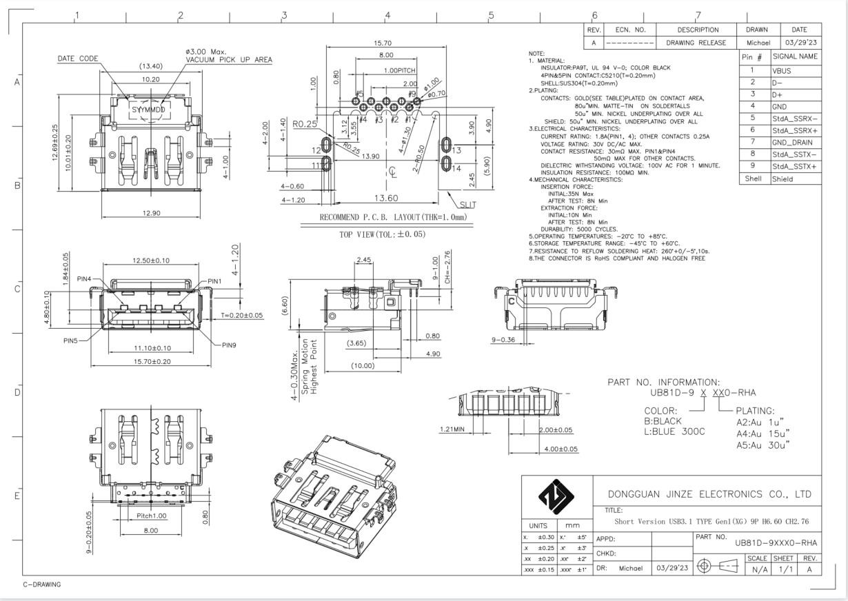 Short Verson H/F USB3.1 PCB USB A Pin Out DIP Socket Connector Female 90 Degrees 9Pin CH2.76mm