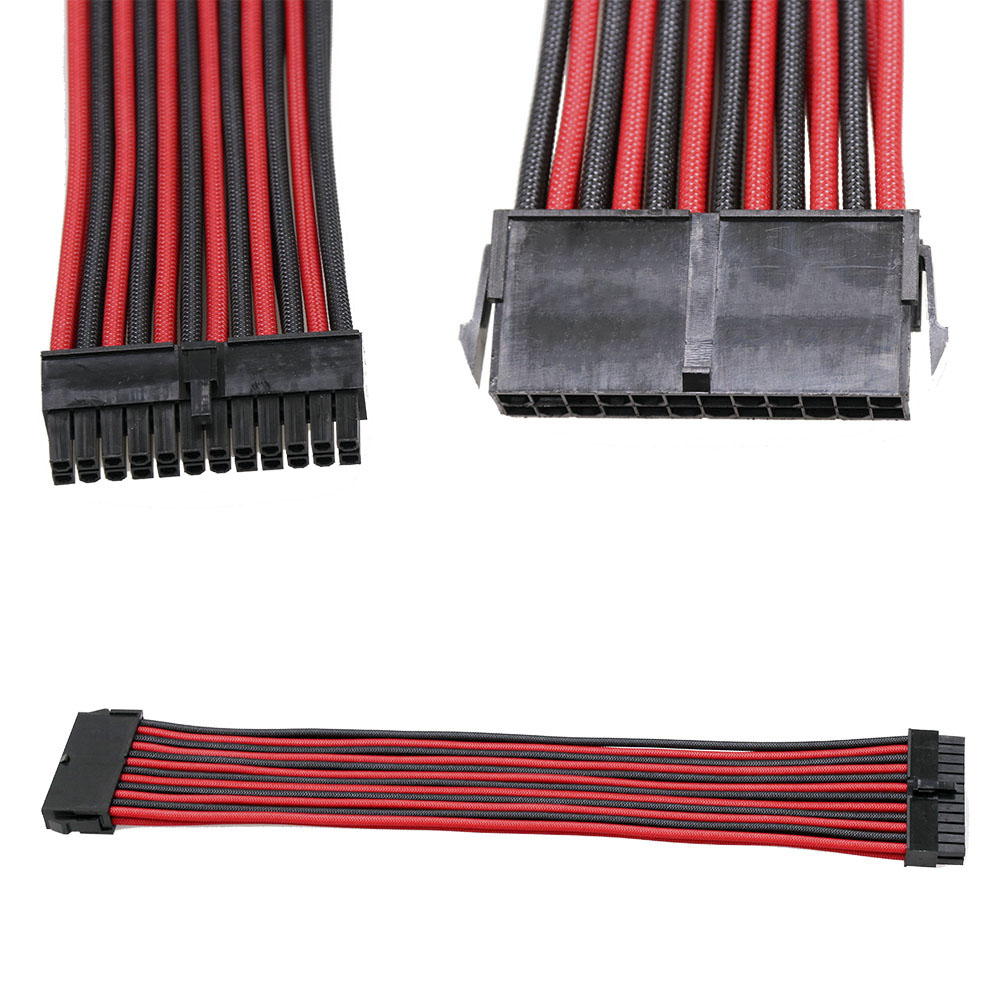 Extension Cord Power Cable ATX 24Pin braided extension cable Black&Red 18AWG