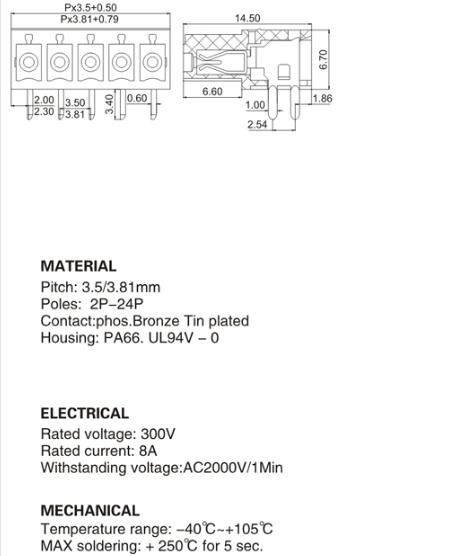 300V Screw Terminal Block Connector 2P-24P 3.5 / 3.81 Mm Pitch Fence Type