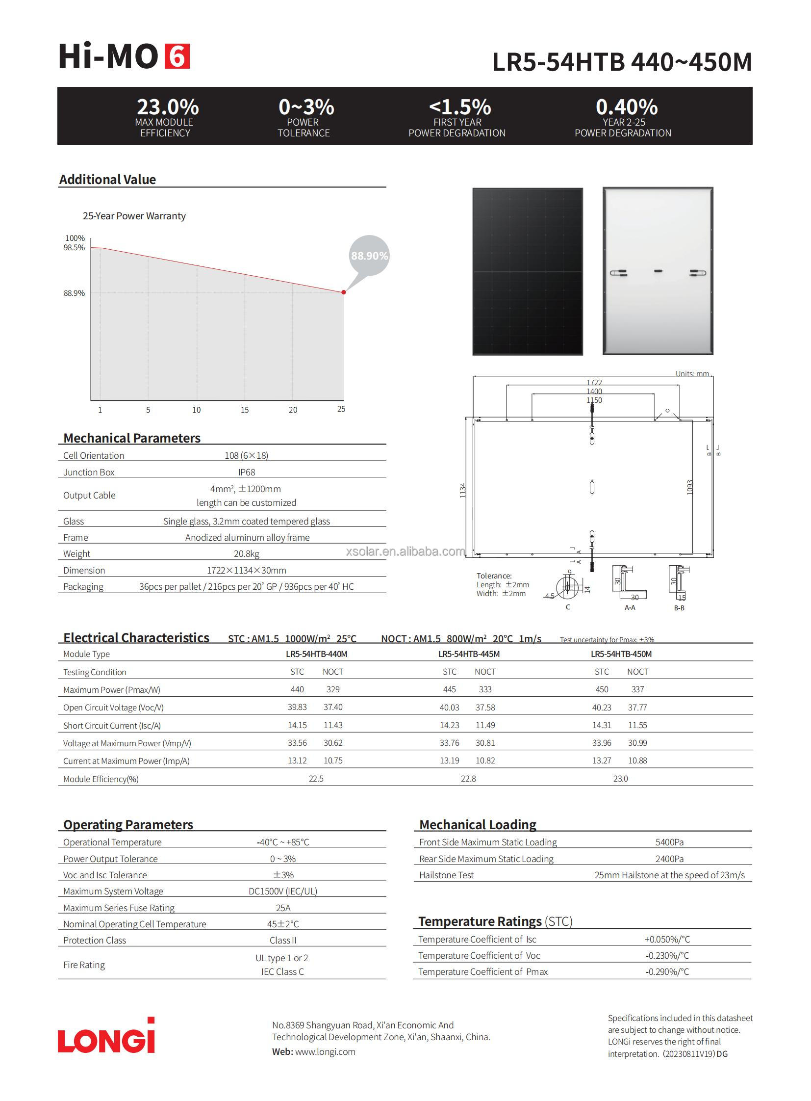 182mmx182mm Cell Size Longi Hi Mo 6 440w 445w 450W Mono Crystalline PV Solar Panels