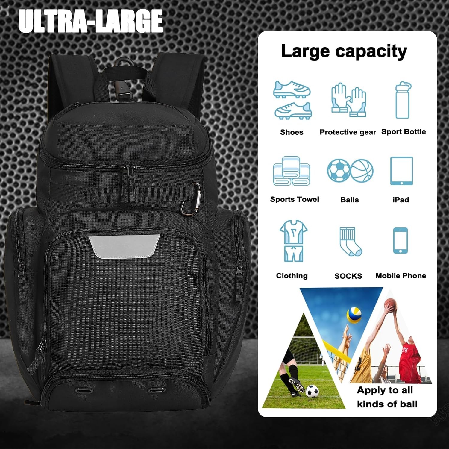BASKETBALL BACKPACK LARGE SPORTS BAG, GYM BAG WITH BALL COMPARTMENT AND SHOE COMPARTMENT TO STORE SPORTS SHOES WATER