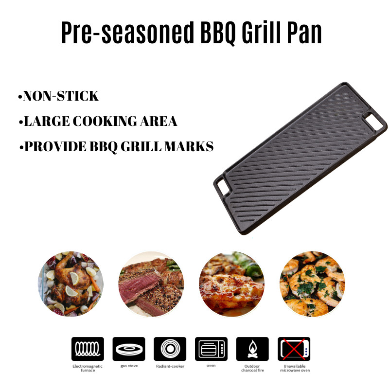 Pre Seasoned Reversible Cast Iron Grill Griddle 46x26x1.7cm