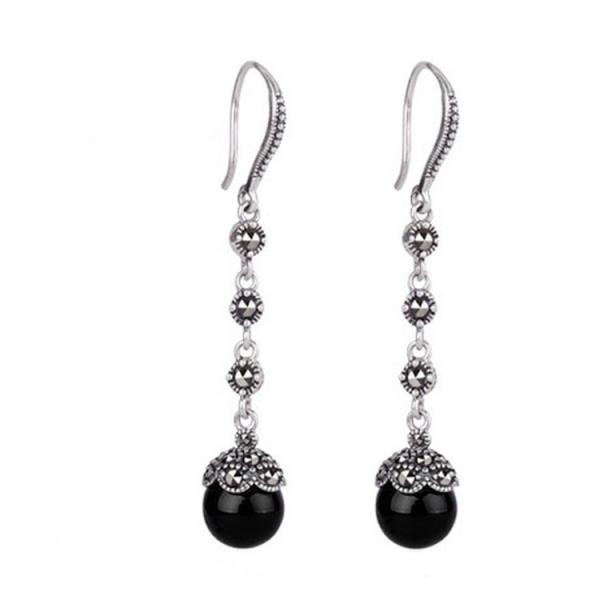 Antique Thai Silver Jewelry Sterling Silver Black Onyx Marcasite Drop Dangle