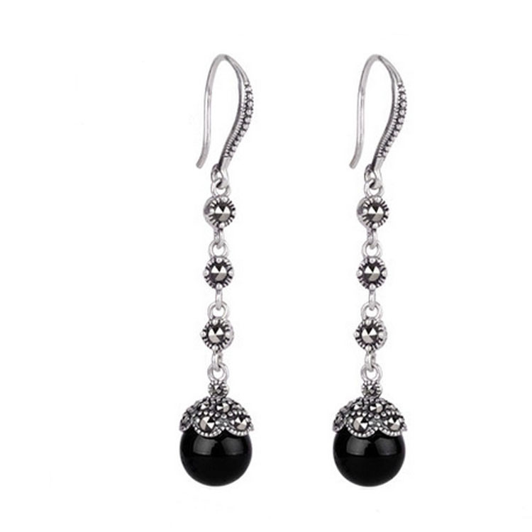 Antique Thai Silver Jewelry Sterling Silver Black Onyx Marcasite Drop Dangle Earring (E12031BLACK)